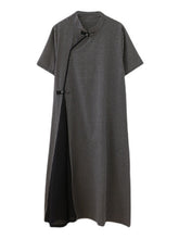 Retro Plaid Short Sleeve Stand Collar Long Cheongsams Dress