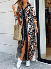 Leopard Split-Joint Split-side Striped Long Sleeves Loose Lapel Shirt Dress Maxi Dresses