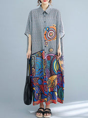 Printed Batwing Sleeves Loose Lapel Midi Dresses