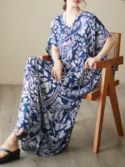 Printed Loose Short Sleeves V-Neck Maxi Dresses
