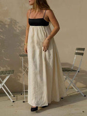 Contrast Color Pleated Split-Joint A-Line Loose Spaghetti-Neck Maxi Dresses
