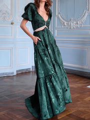 Flower Jacquard Puffled Sleeves Short Sleeve Satin Maxi Dress