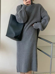 Solid Color Long Sleeves Loose High Neck Sweater Dresses Midi Dresses