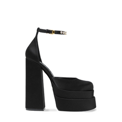 Black Satin Double Platform Ankle Strap Sandals