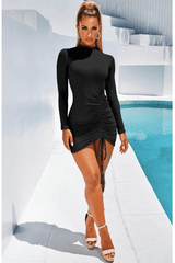 Black round neck long sleeve slim dress