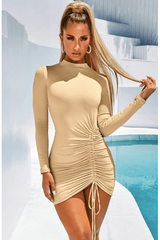 apricot round neck long sleeve slim dress