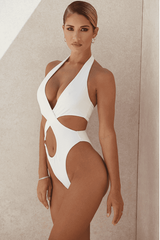 white Hollow Cross One-Piece Swimsuit