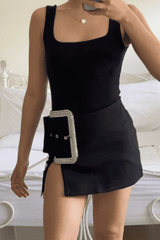 Diamond buckle decoration slit sexy skirt