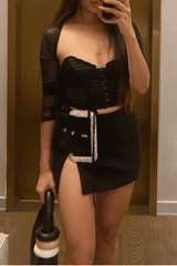 Diamond buckle decoration slit sexy skirt