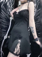 Solid Sexy Black Bodycon Dress Lace Patchwork Bow Summer Mini Dresses Sleeveless Spaghetti Strap Short Dress