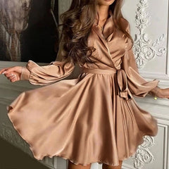 V-Neck Belt Satin Mini Dress Autumn Fashion Lantern Sleeve Comfort Night Club A-Line Party Dresses For
