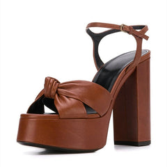 Brown Leather High Heel Platform Sandals With a Bow knot