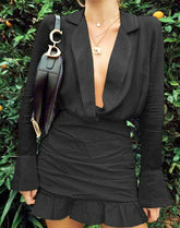 Draped Long Sleeve Dresses Satin Sexy V Neck Mini Dress Office Lady Bandage Bow Knot Shirt Dress Ruffle Cuff Dresses