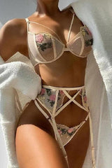 three piece sets suspender embroidered lingerie