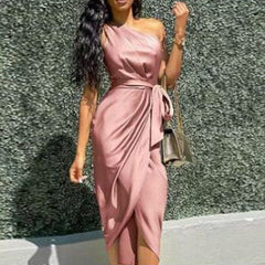 One Shoulder Sleeveless Long Dress Summer Elegant Irregular Evening Party Dress Green Sashes Female Split Vestidos