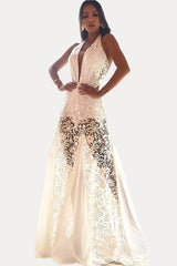 Long backless white evening dress