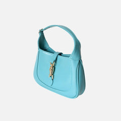 Blue Classic Curved Leather Handbag with Signature Buckle Closure