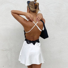 V Neck Lace Trim A-Line Satin White Dress Fashion Strap Mini Summer Dress Female Backless Party Sexy Dresses Vestido