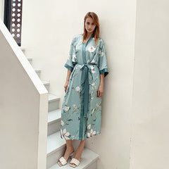 Frosty Green Mint Light Luxury Silky Satin Kimono Robe