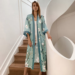 Frosty Green Mint Light Luxury Silky Satin Kimono Robe