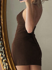 Vintage Brown Bodycon Dress Sexy V Neck Sleeveless Party Mini Dresses Solid Basic Backless Streetwear Outfits