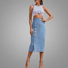 Blue Denim Button Up High Waist Side Split Skirt
