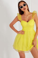 Yellow Chiffon Ruffle Hem Skater Dress