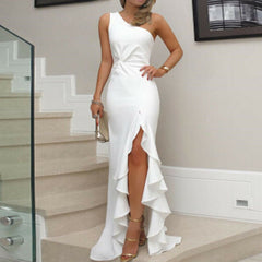 High Split Maxi Dresses Sexy One Shoulder Ruffles Long Dress Wedding Elegant Off Shoulder Evening Party Dresses Hot