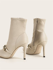 Gold Chain Detail Pointed-Toe Ankle White Boots