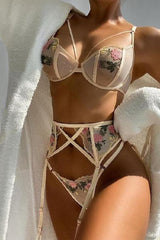 three piece sets suspender embroidered lingerie