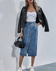 Blue Denim Button Up High Waist Front Split Skirt