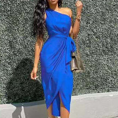 One Shoulder Sleeveless Long Dress Summer Elegant Irregular Evening Party Dress Green Sashes Female Split Vestidos