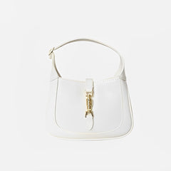 White Classic Curved Leather Handbag with Signature Buckle Closure
