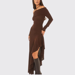 Brown Off Shoulder Long Sleeve Ruffle Slit Dress