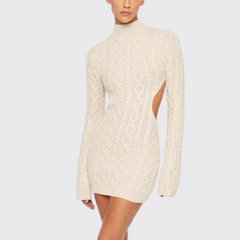 Beige Open Back Knit Mini Turtleneck Dress