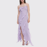 Lavender Side Slit Backless Maxi Dress With Ruffle Detail