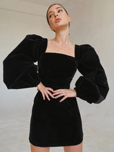 Black Square Collar Puff Sleeve Evening Dress