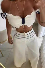 Bow short top wide leg pant suit