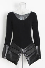 Irregular stitching knitted leather round neck slim sweater