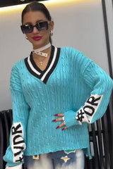 knitted V-neck letter sweater