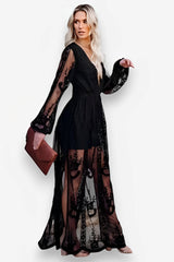 V-Neck Embroidery Lace Long Dress