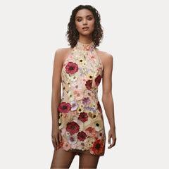 Embroidery three-dimensional flower slim dress