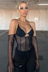 Mesh long-sleeved chest-wrapped Top