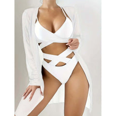 Cover-up Lace-up Bikini Swimsuit Three-piece Set