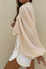 Wrinkled cotton and linen lantern sleeve shirt