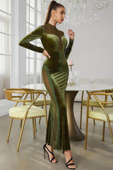 Velvet splicing mesh slim long-sleeved dress