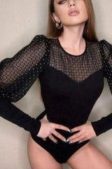 Mesh stitching round neck long-sleeved bodysuits