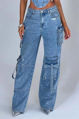 American low-waist pocket splicing jeans