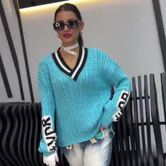 knitted V-neck letter sweater