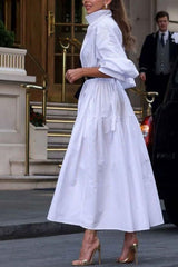 Elegant long-sleeved white loose dress